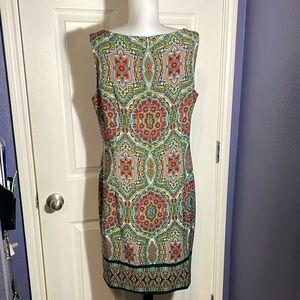 London Times Sleeveless Sheath Dress Colorful Geometric Pattern Size 14